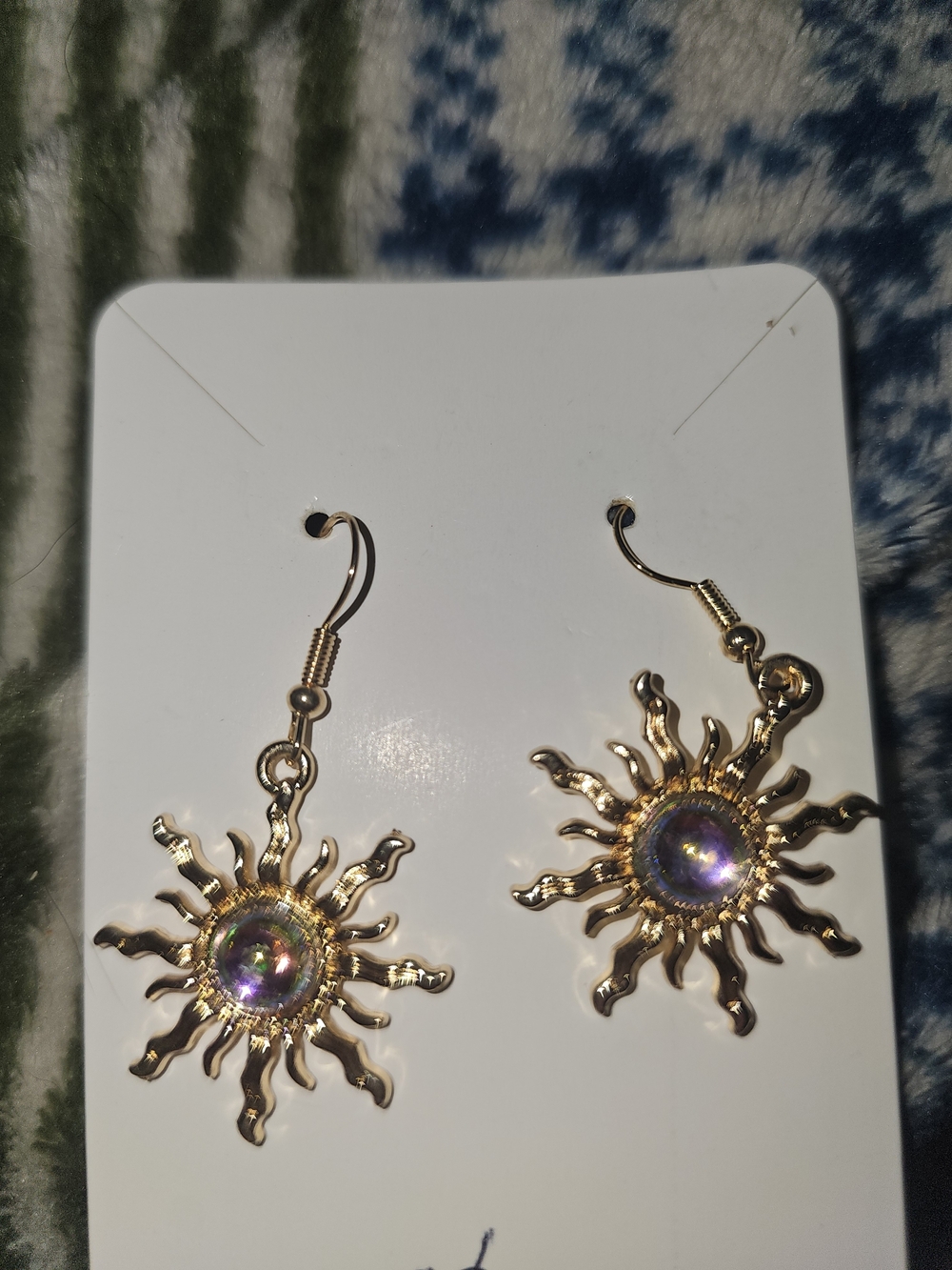 Gold Sunburst Drop Earrings with Iridescent Center